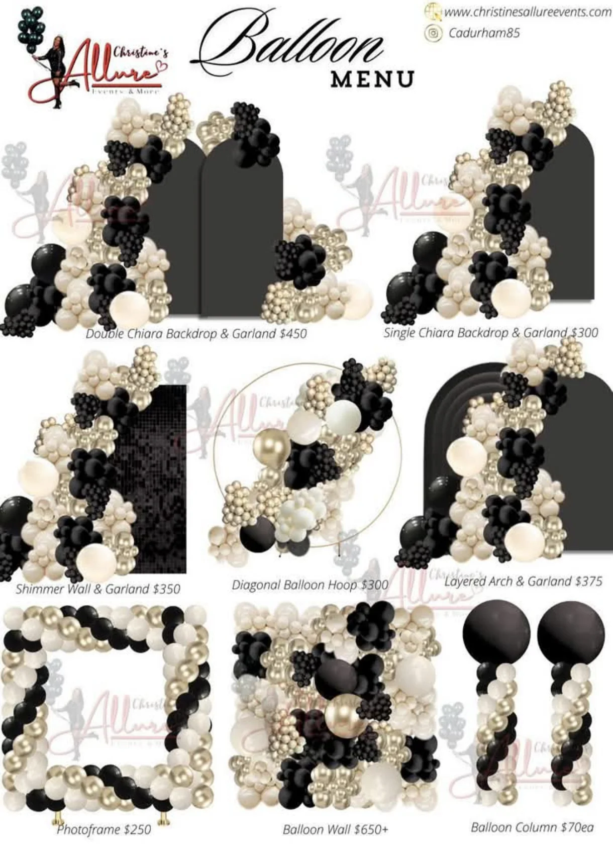 Signature balloon décor balloon menu with design examples and pricing