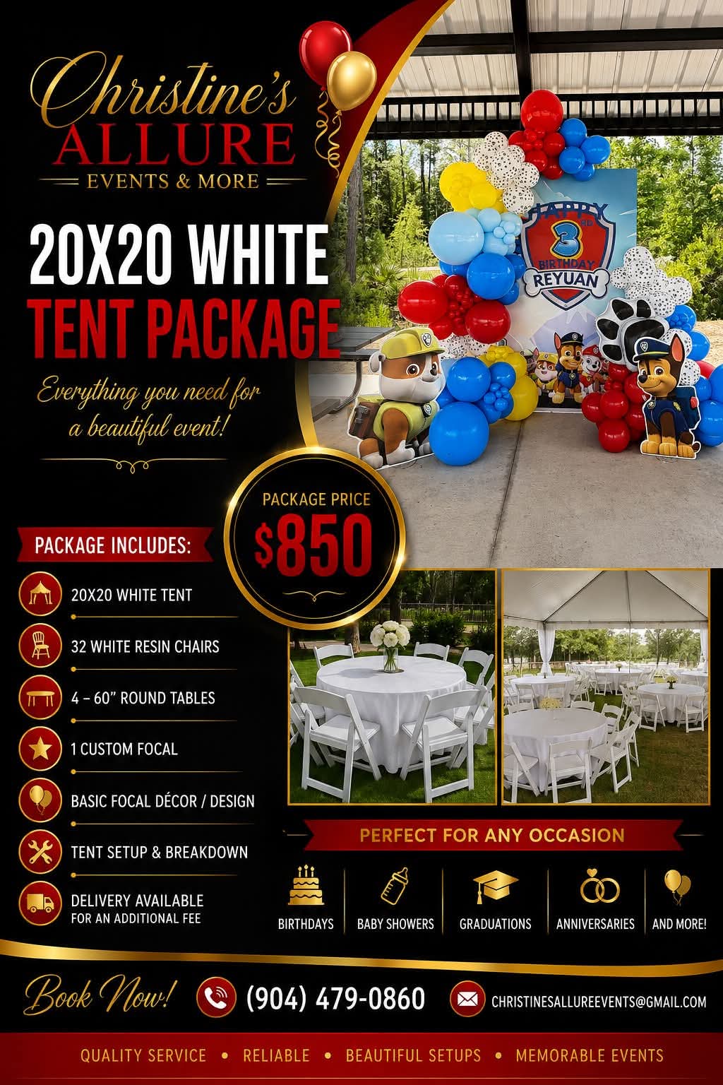 Tent package flyer: $850, white tent, 32 white resin chairs, four 60-inch round tables, custom focal décor, setup and breakdown; delivery additional