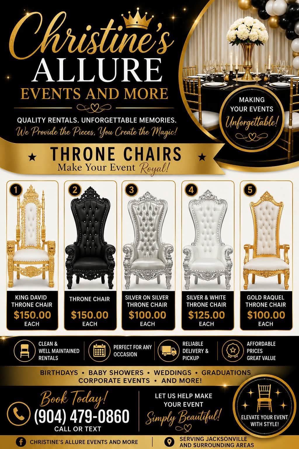 Throne chair rental flyer featuring King David, black, silver, silver and white, and gold throne chairs with prices